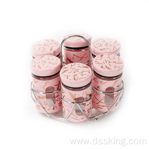 kitchen plastic spice jar set glass spice jar with rack Pink coffee sugar cube 150ml spice bottle glass jar